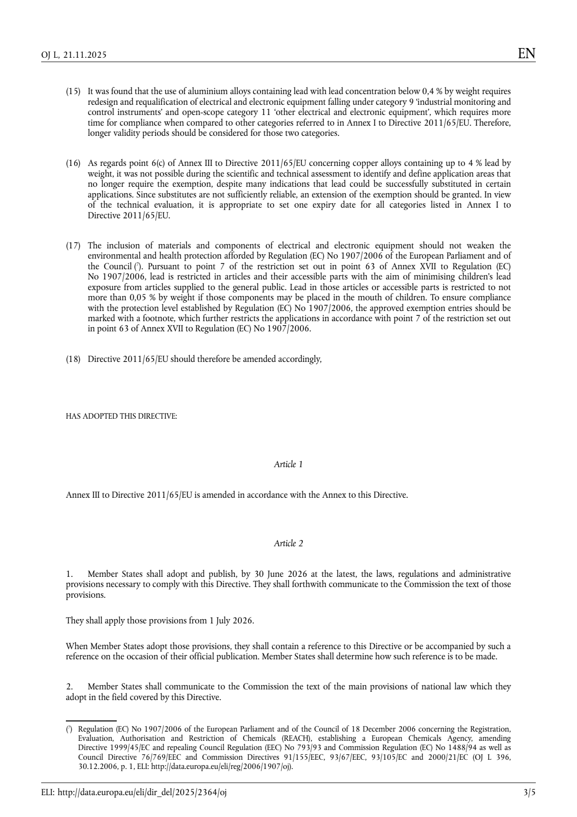 欧盟Commission Delegated Directive EU 2025 2364 RoHS 2026年7月1日适用节点新闻来源截图