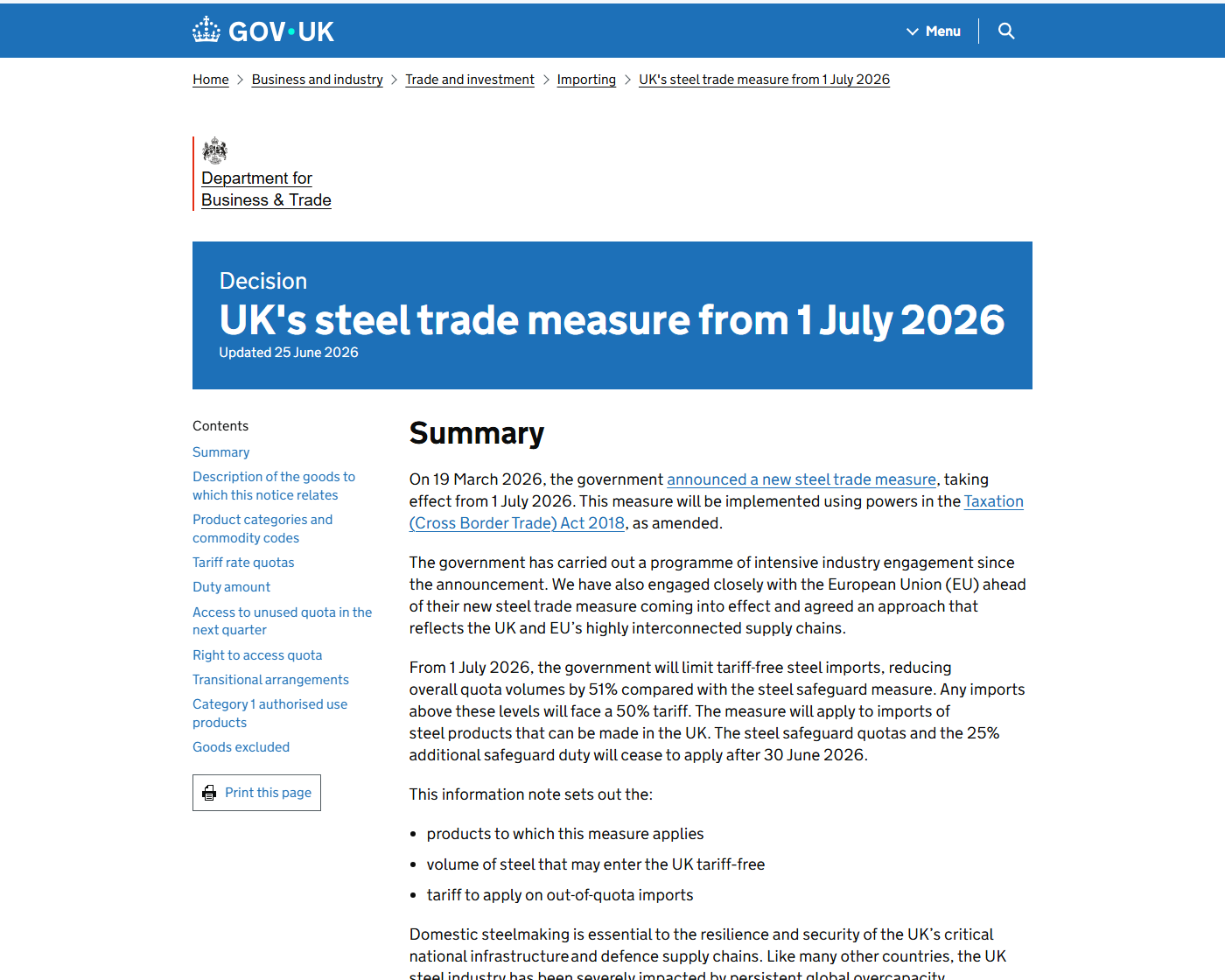 GOV.UK英国钢铁贸易措施2026年7月1日生效Updated25June2026新闻来源截图