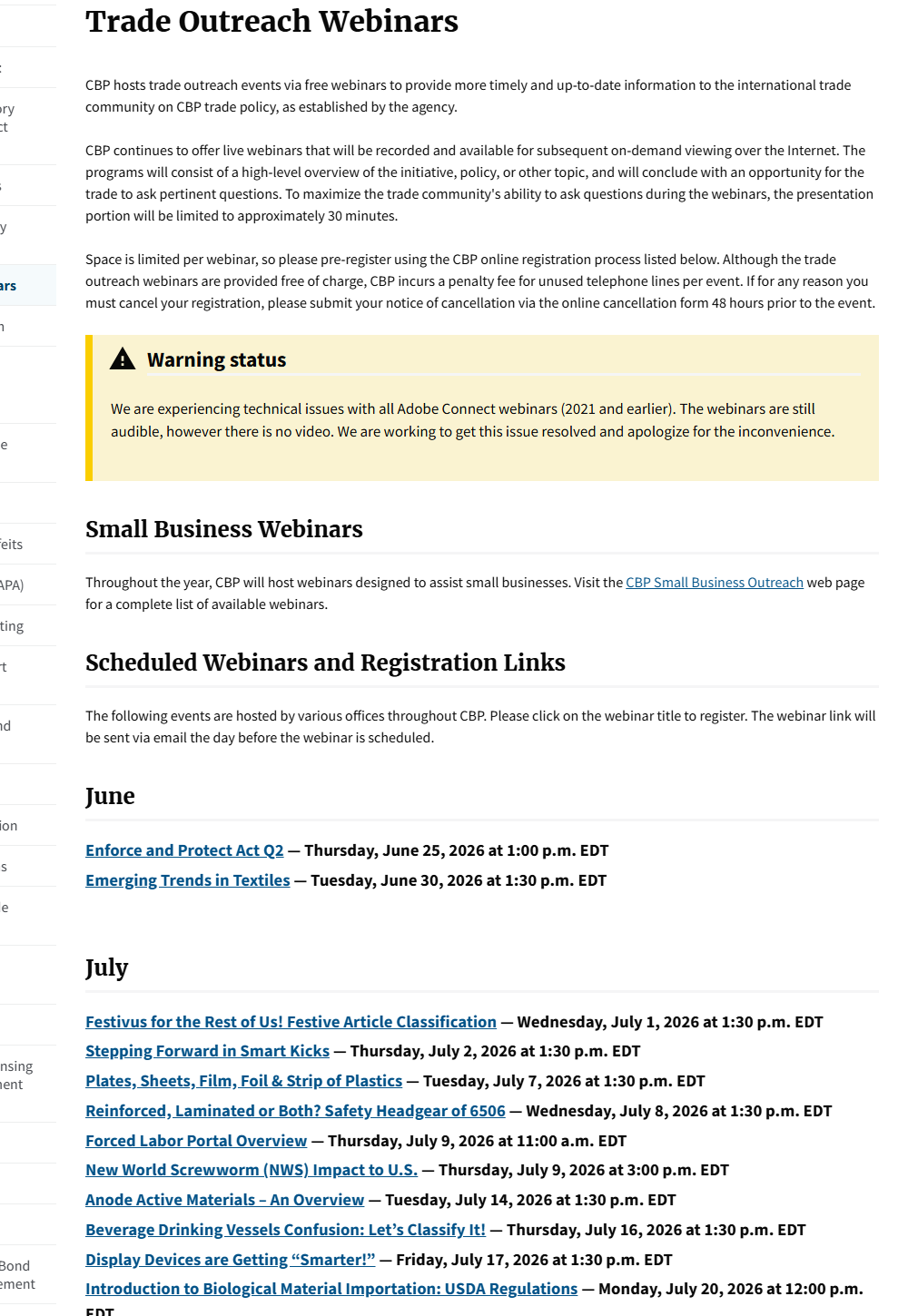 CBP Trade Outreach Webinars 2026年7月1日Festivus for the Rest of Us Festive Article Classification节庆用品归类新闻来源截图