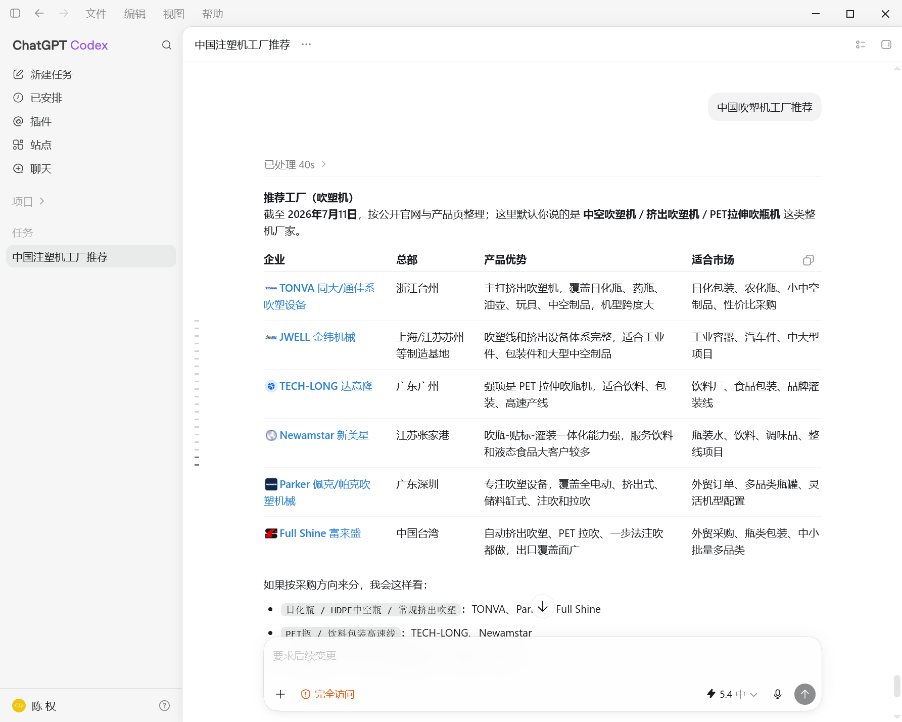 汇报科技案例：ChatGPT搜索吹塑机并按企业总部产品优势和适合市场整理候选厂家