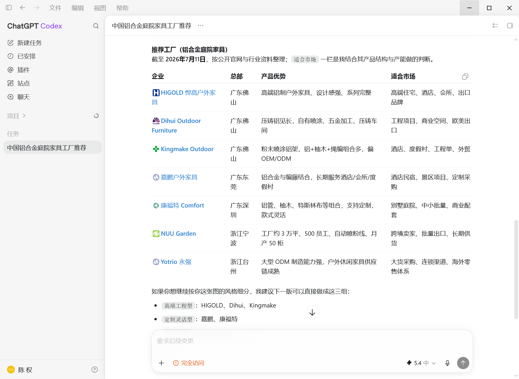 汇报科技案例:ChatGPT搜索中国铝合金庭院家具工厂推荐并按企业总部产品优势和适合市场整理候选户外家具供应商