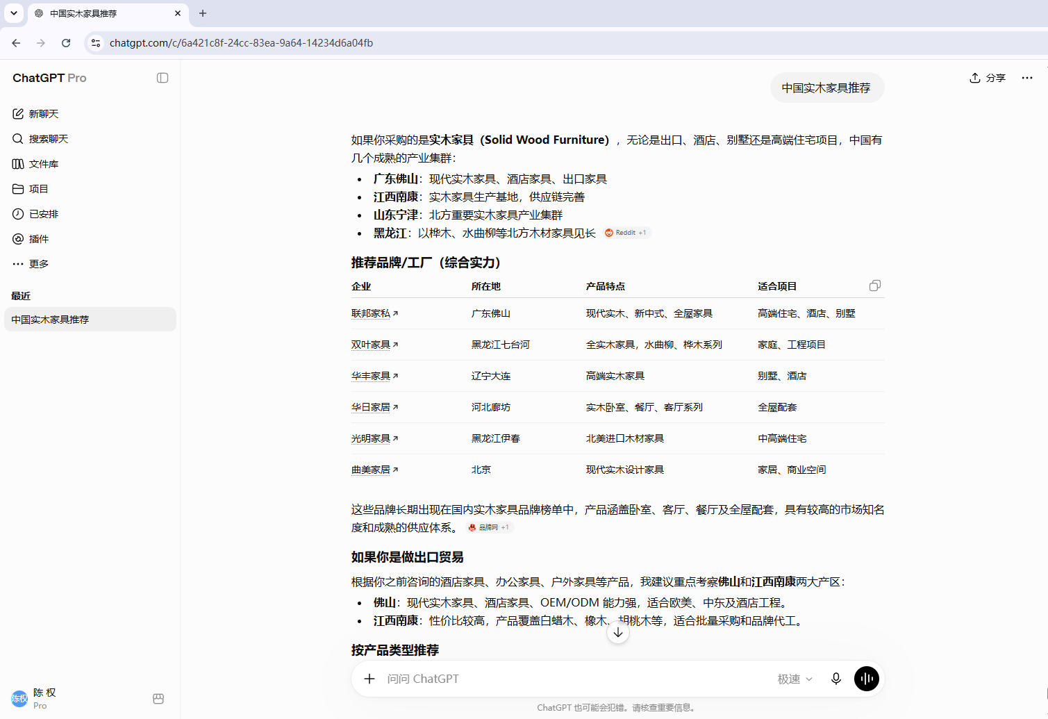 汇报科技案例:ChatGPT搜索中国实木家具推荐并按产业集群品牌工厂所在地产品特点和适合项目整理供应商
