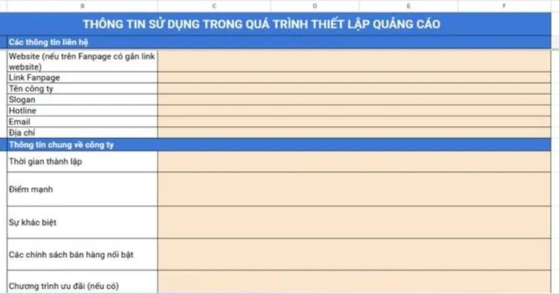 佛山汇报科技Facebook广告开户资料字段表案例，截图展示网站、主页、公司名称、口号、热线、邮箱、地址和企业信息字段