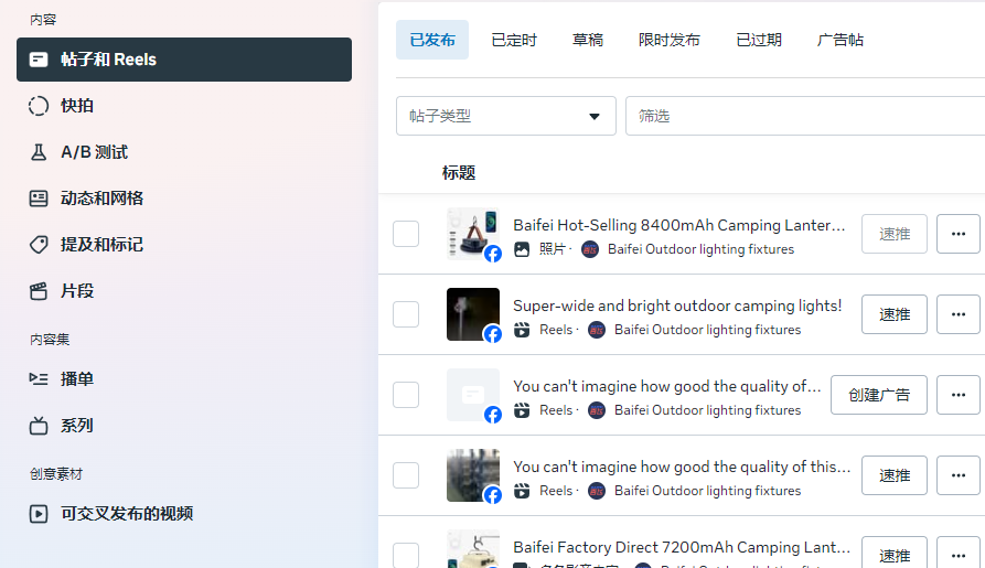 佛山汇报科技Facebook主页内容分析案例，截图展示帖子和Reels、快拍、A/B测试、动态和网格、已发布、已定时及草稿内容管理