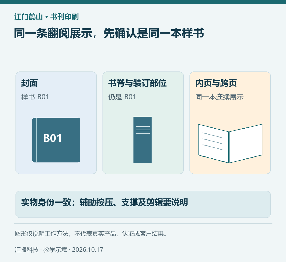 江门鹤山书刊印刷教学示意：同一条翻阅展示，先确认是同一本样书